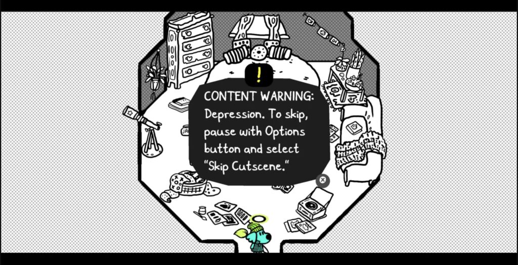 Screenshot of Chicory, a game that shows an option to skip content about depression 
